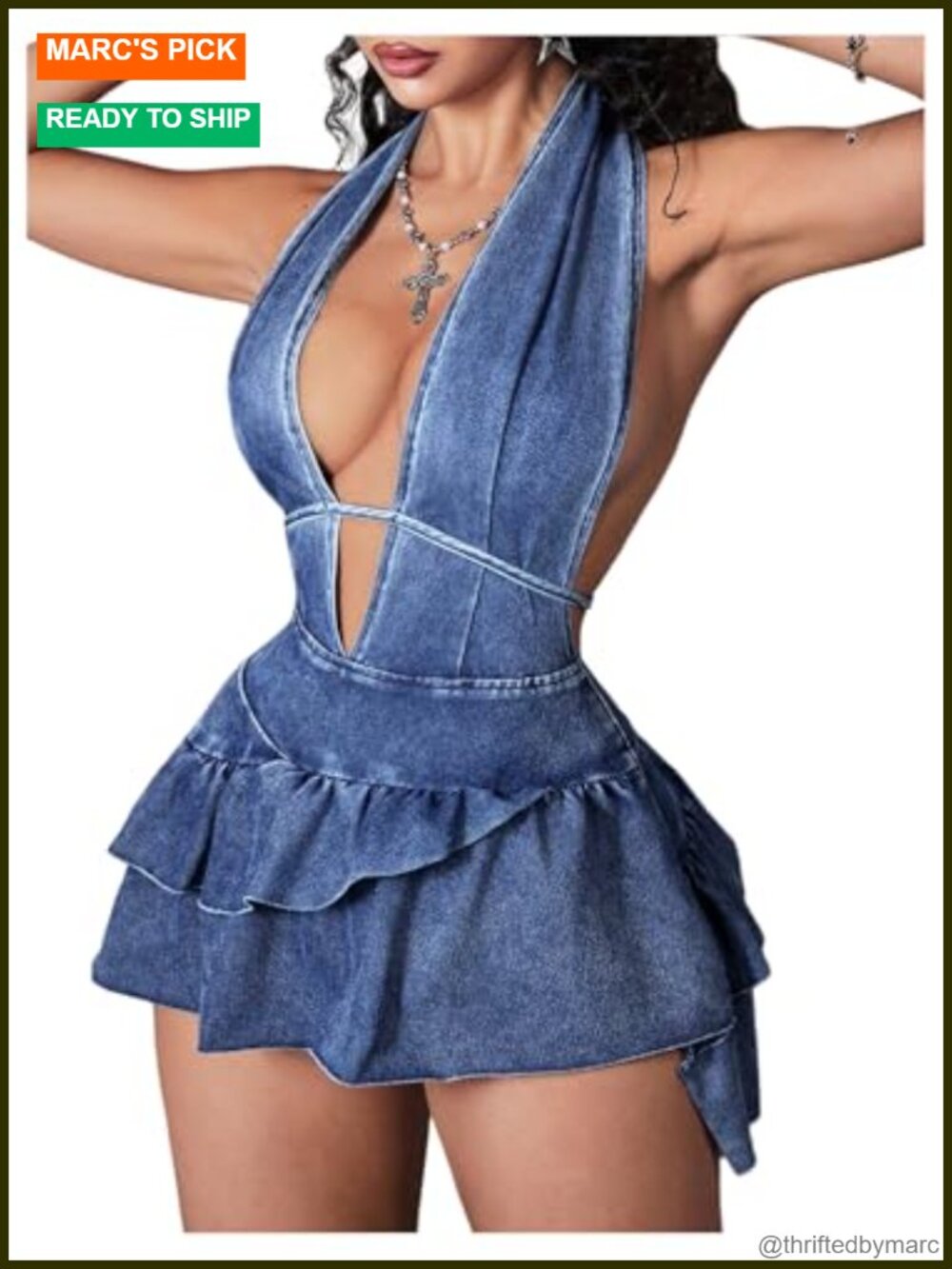Y2k Deep V Neck Tie Backless Halter Denim Mini Dress Ruffle A Line